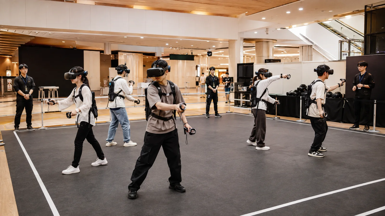 商業施設内の区画で複数の来場者がVRヘッドセットを装着し、スタッフの見守りのもと自由に歩く編集部制作イメージ