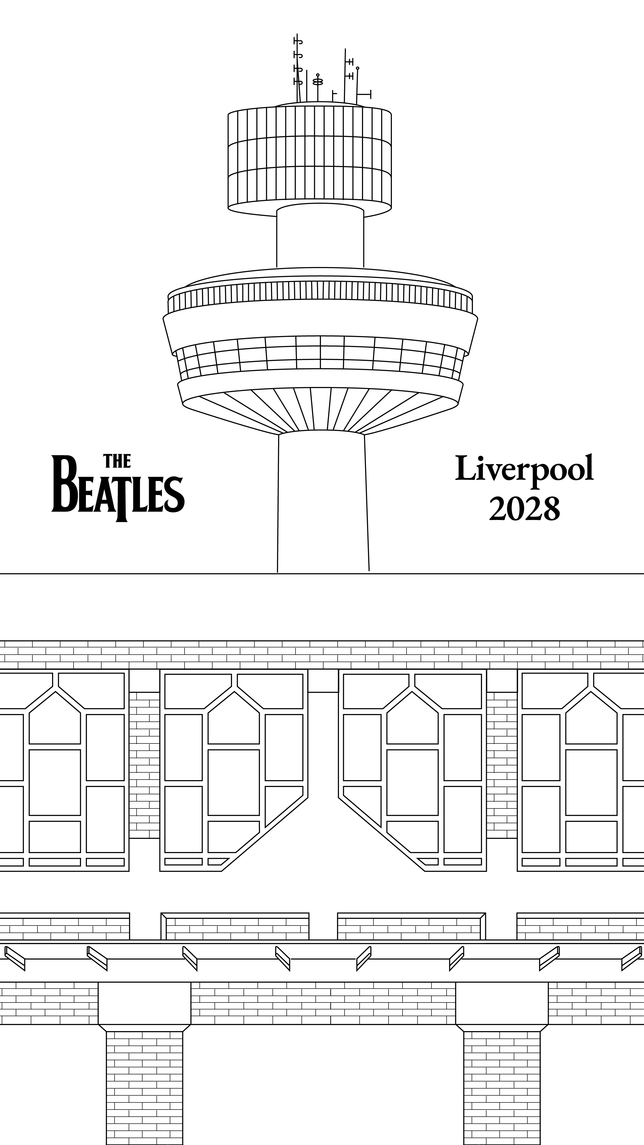 リバプールのSt Johns BeaconとThe Beatles Liverpool 2028の文字を描いた公式告知画像
