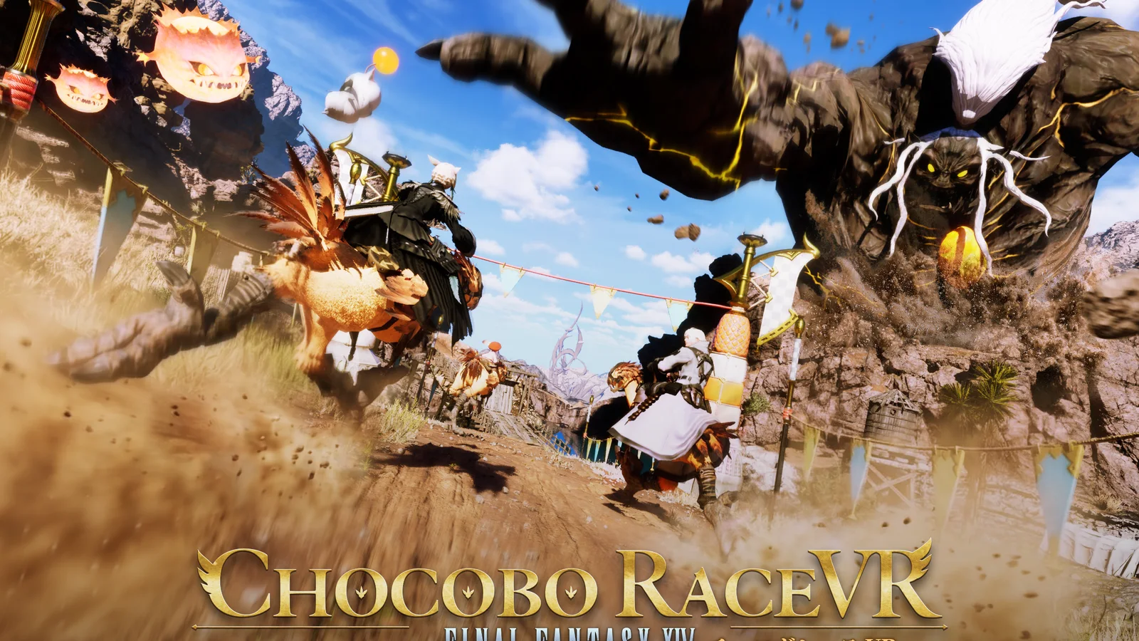 チョコボに乗った参加者が岩の巨人タイタンを避けながら走るチョコボレースVRのゲーム画面