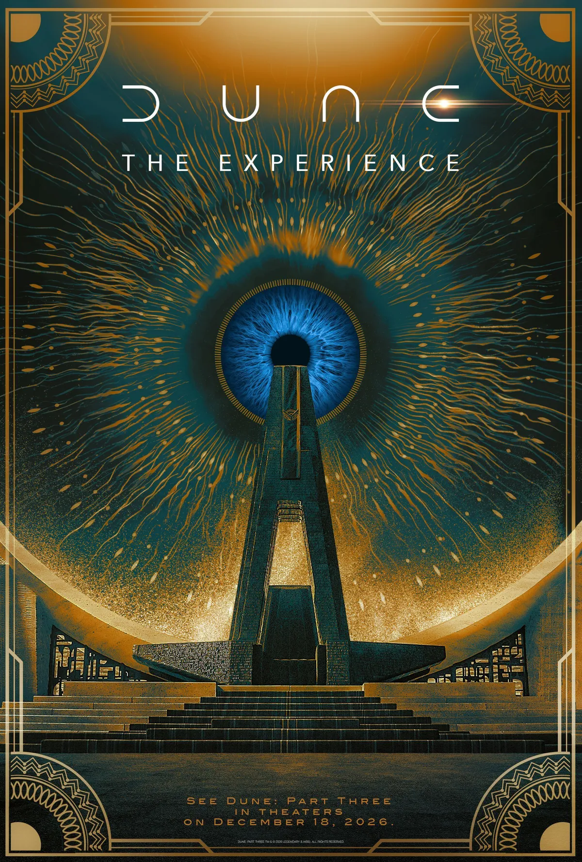 DUNE THE EXPERIENCEの文字と巨大な青い目、建築物を描いた公式ビジュアル