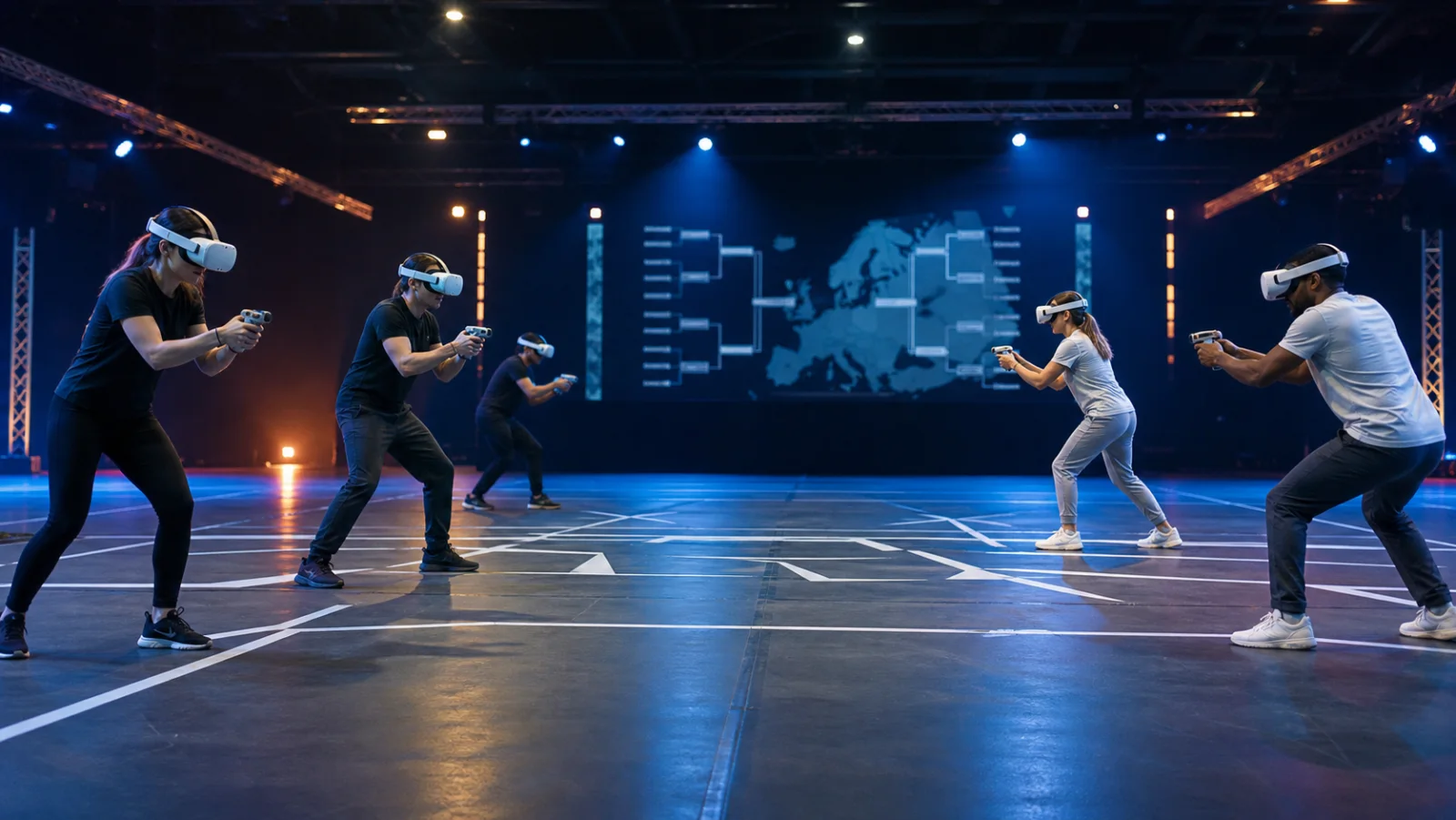 欧州各地の大会を想定したフリーロームVRアリーナで、2チームが対戦する様子