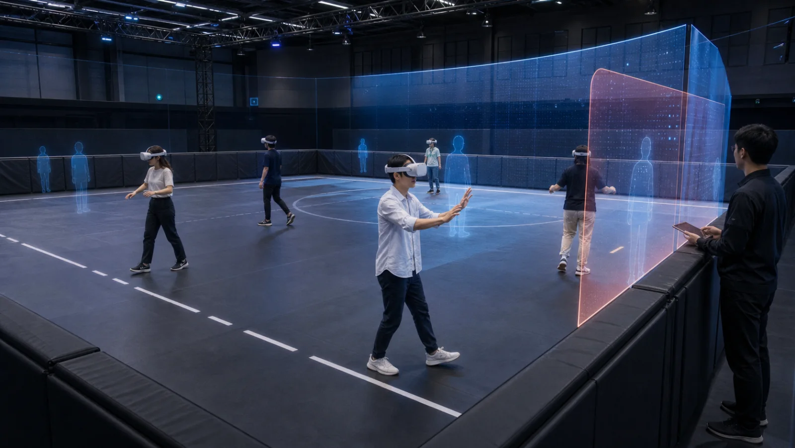 フリーロームVRアリーナで、仮想境界と他プレイヤーの位置表示を使って安全に歩く様子