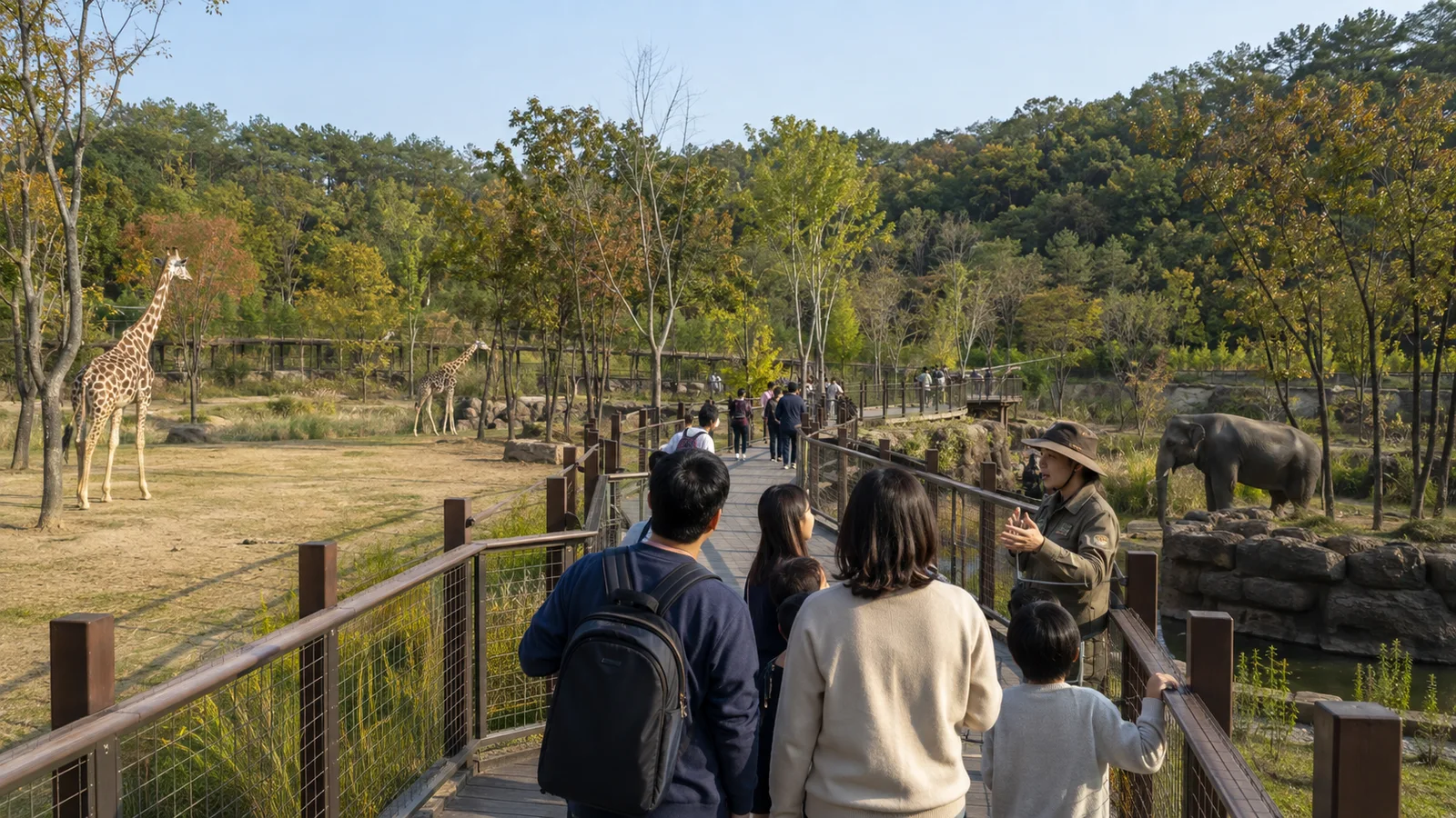 柵のある遊歩道からキリンとゾウを観察し、飼育員の解説を聞く来場者の編集部制作イメージ