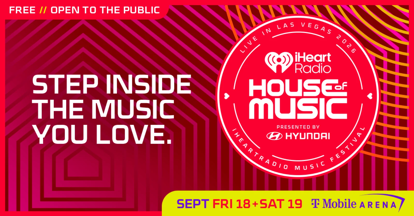 赤いグラフィックに「iHeartRadio House of Music」と9月18・19日、T-Mobile Arenaを記した公式告知ビジュアル