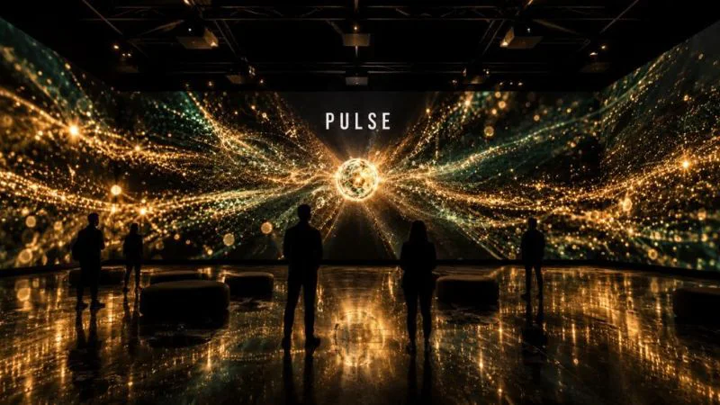金色の光の映像に囲まれた没入型空間と「PULSE」の文字を描いた公式イメージ