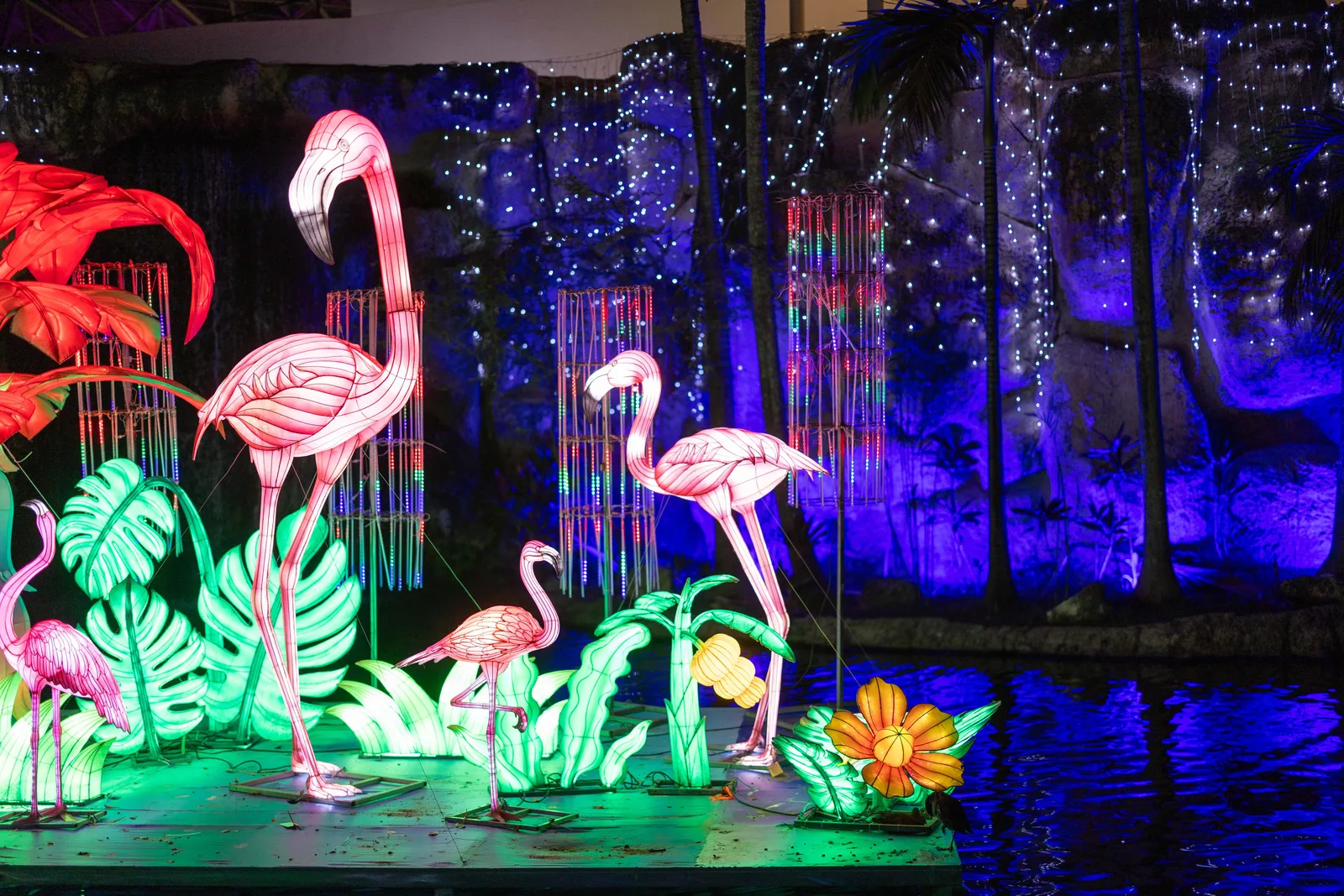 夜の会場で、フラミンゴや熱帯植物をかたどった色鮮やかな発光造形が並ぶ様子