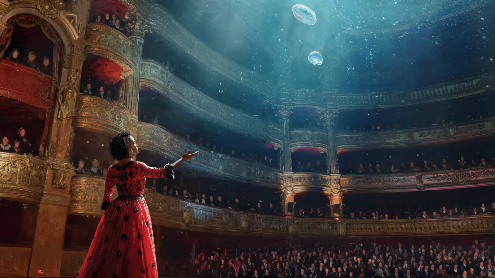 水中のガルニエ宮の劇場内に立つ赤い衣装の歌手を描いた「La Magie Opéra」の公式キービジュアル