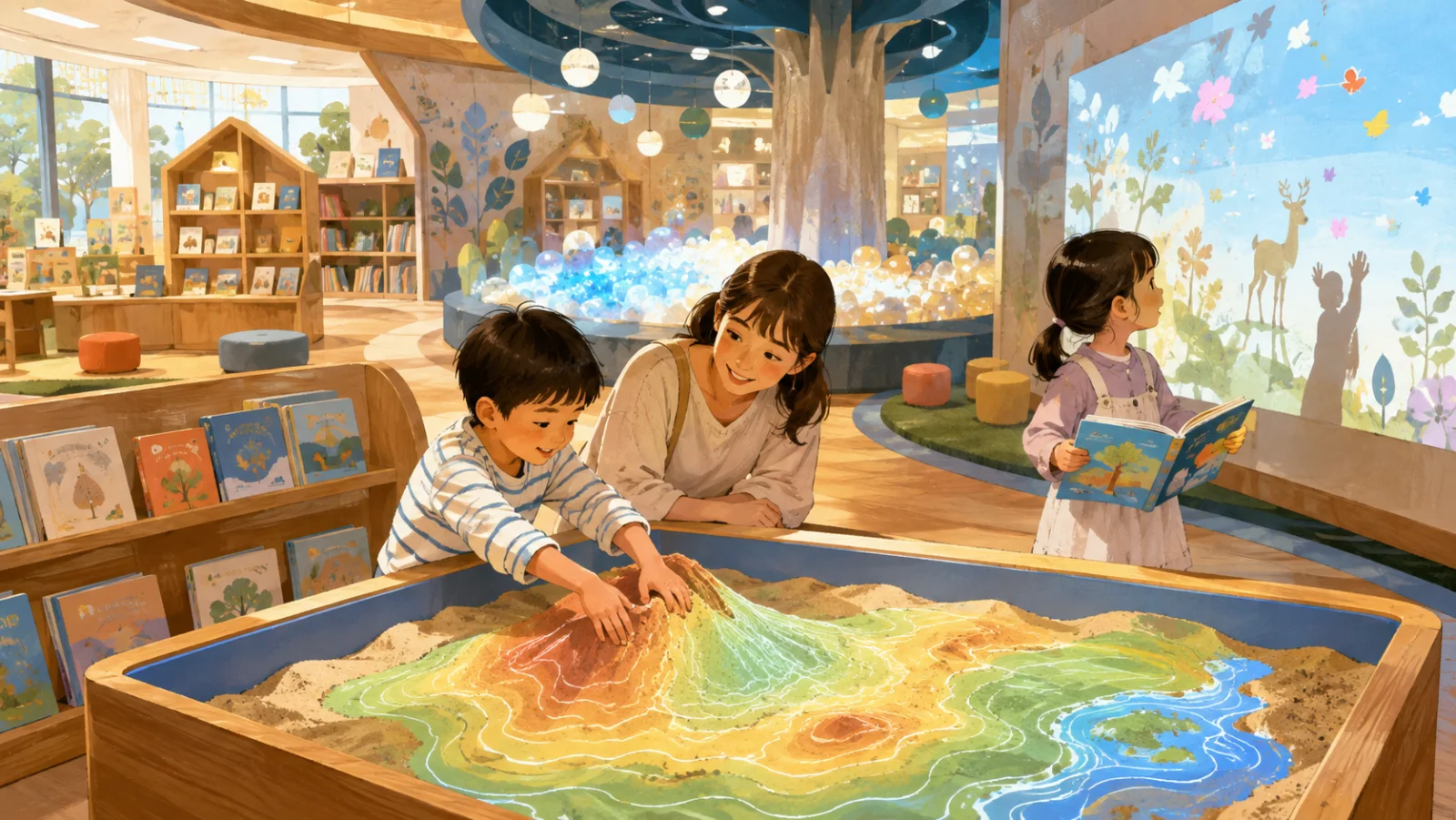 本棚に囲まれた屋内空間で、親子が地形の投影された砂場と壁面映像を体験する編集部制作イラスト