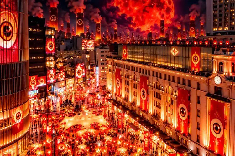赤い提灯とデジタルアートでなんばの街並みを演出したCHIMNEY TOWN HALLOWEEN 2026 in NAMBAのイメージ