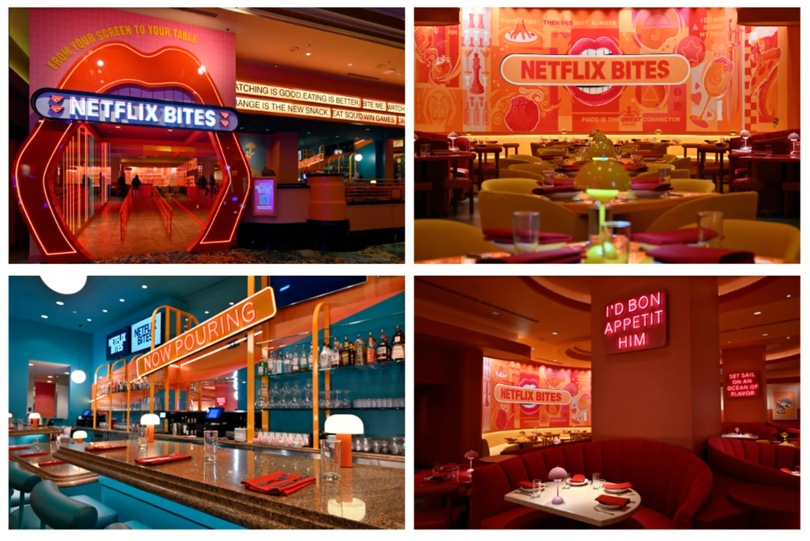 MGM Grand内のNETFLIX BITES Vegasの入口、ダイニング、バー、半円形ブースを写した4枚組写真