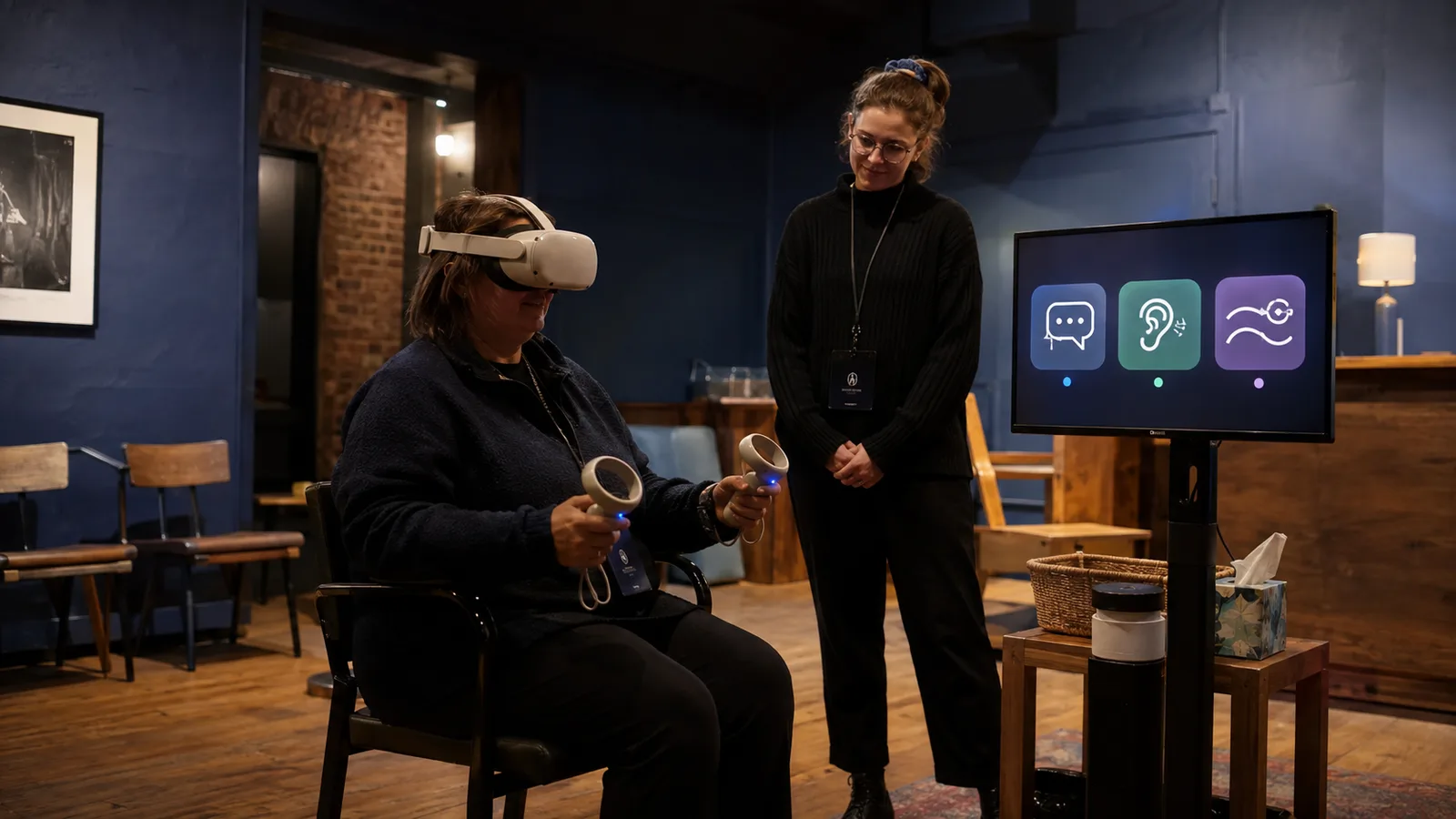 小規模な文化施設で、椅子に座ってVRヘッドセットとコントローラーを使う来場者をスタッフが見守る編集部制作イメージ