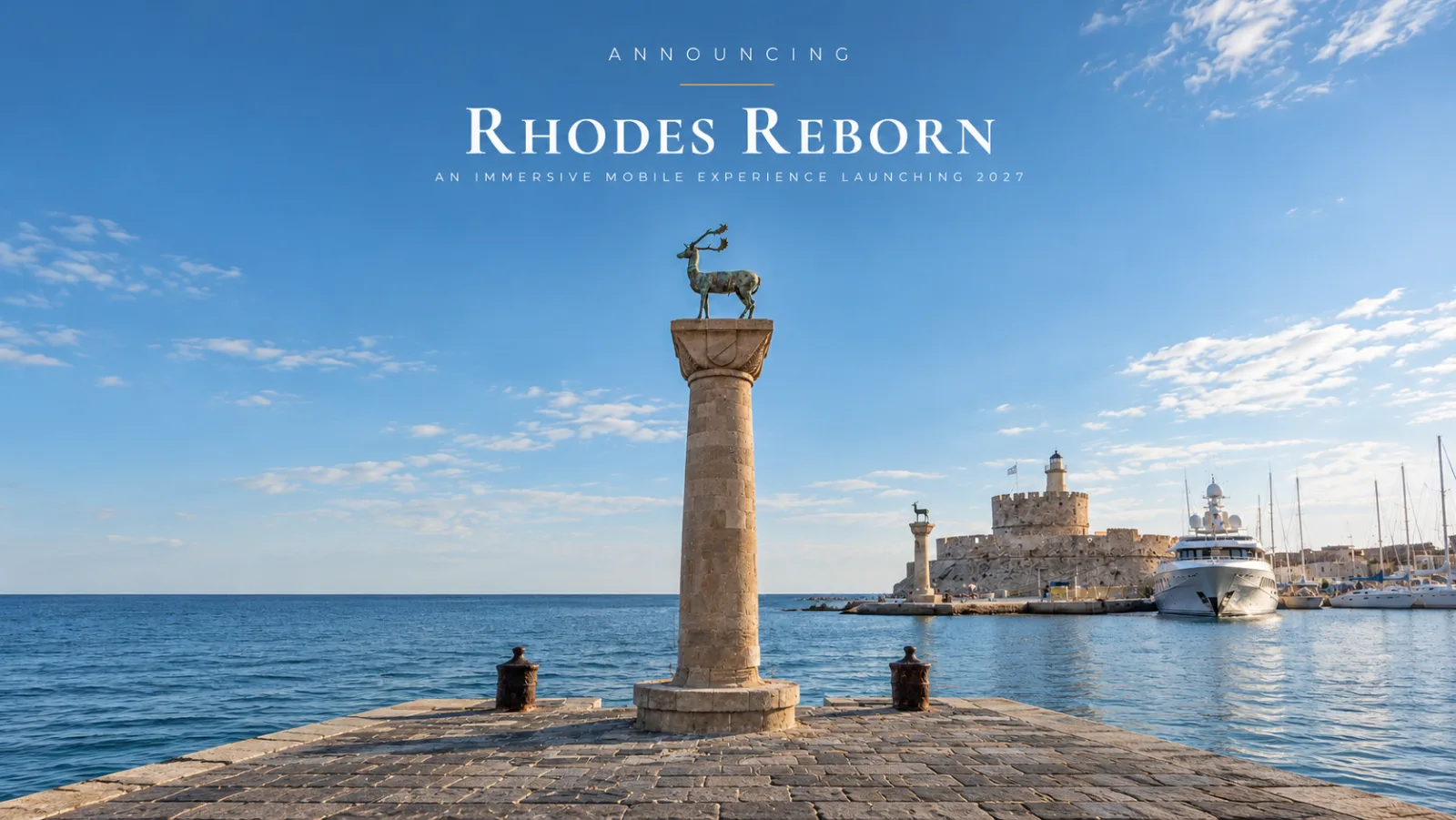 ロードス島マンドラキ港の鹿像と要塞を写したRhodes Rebornの発表画像