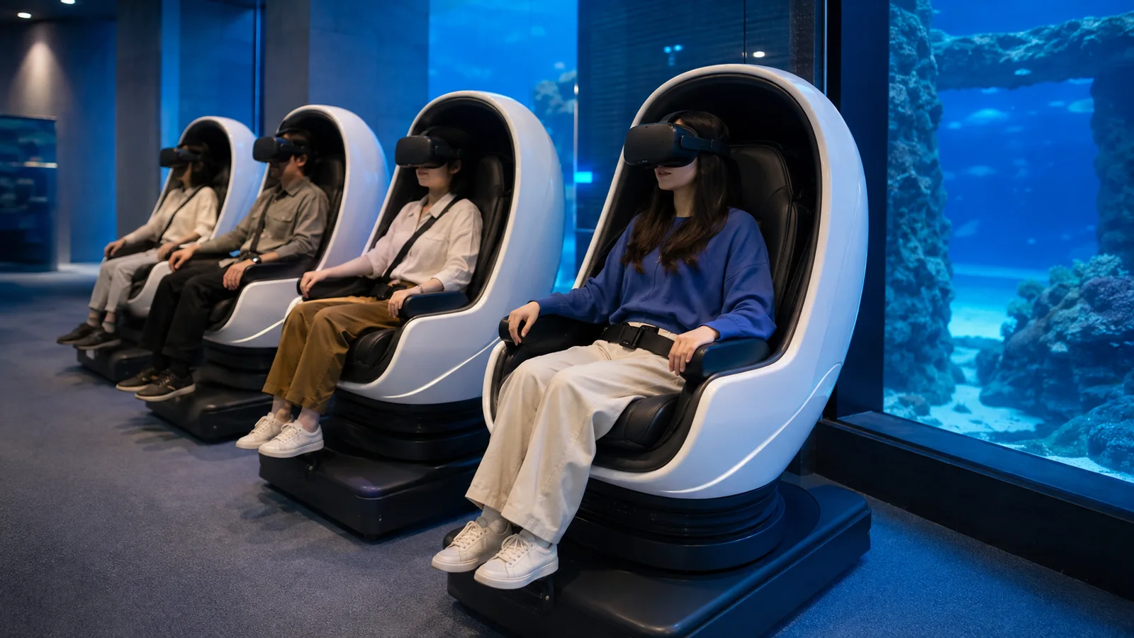 水族館の水槽近くに並ぶ4台のカプセル型モーションシートで、来場者がVRを体験する編集部制作イメージ