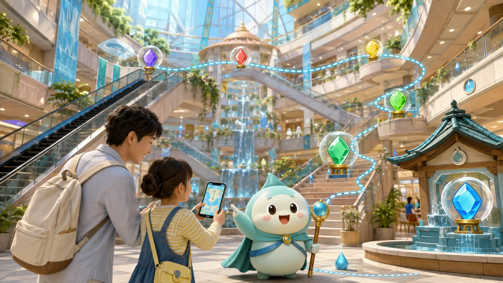親子がスマートフォンを手に、多層の商業施設で宝石の手掛かりを巡る編集部制作イメージ