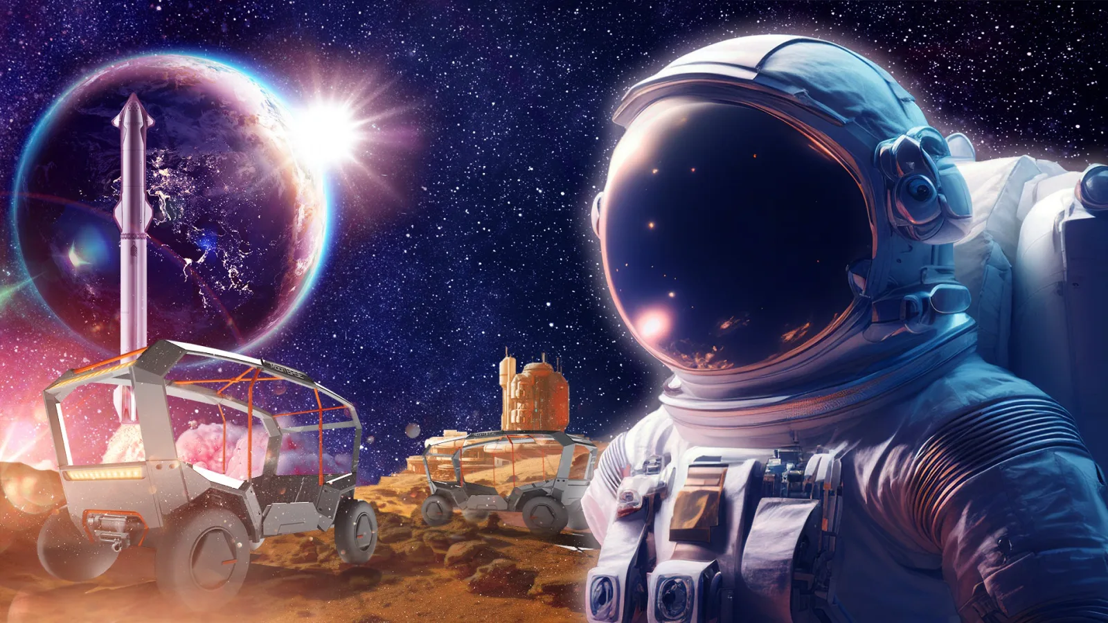 宇宙飛行士、地球、月面の乗り物を描いたTHE MOON CRUISEの公式ビジュアル