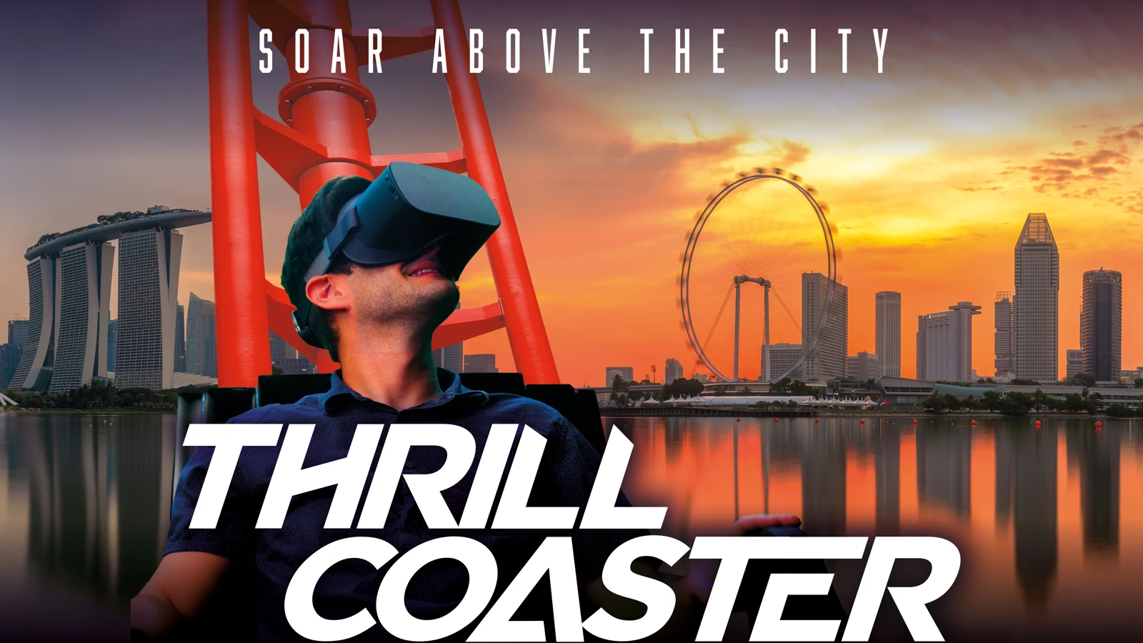VRヘッドセットを装着した乗客と、マリーナベイの景観を組み合わせた「Thrill Coaster Singapore」の公式ビジュアル