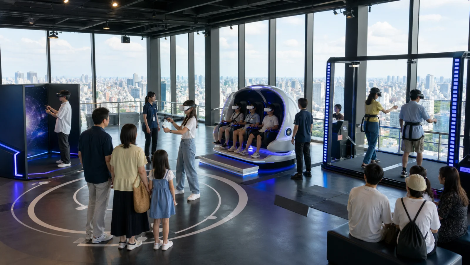 東京の展望施設を想定した会場で、家族や若者が複数のVRアトラクションを利用する様子