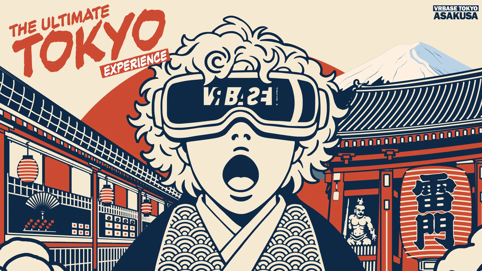 浅草の街並みとVRヘッドセットを着けた人物を描いたVR BASE TOKYO ASAKUSAの公式ビジュアル